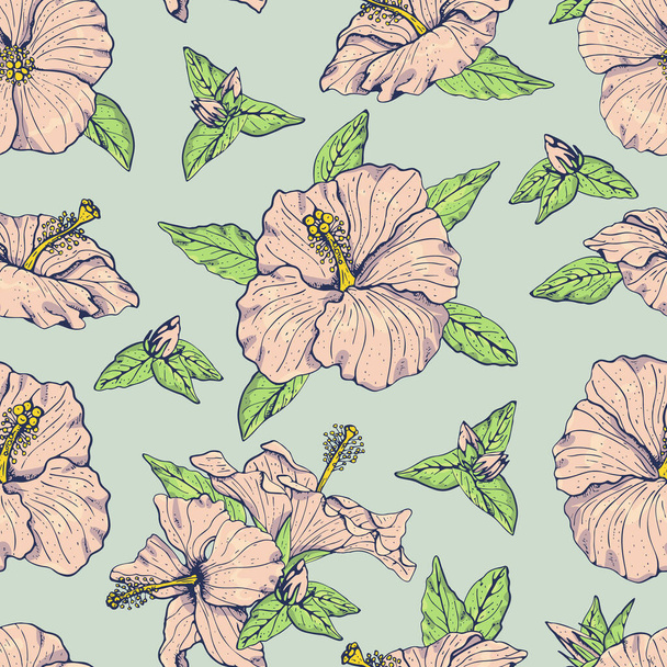 ラインアートピンクハイビスカスの花、芽や葉、暗い輪郭とヴィンテージシームレスパターン。ターコイズを背景に. - ベクター画像