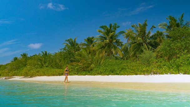 Tourist explore une île tropicale avec des palmiers et un océan de couleur turquoise. - Photo, image