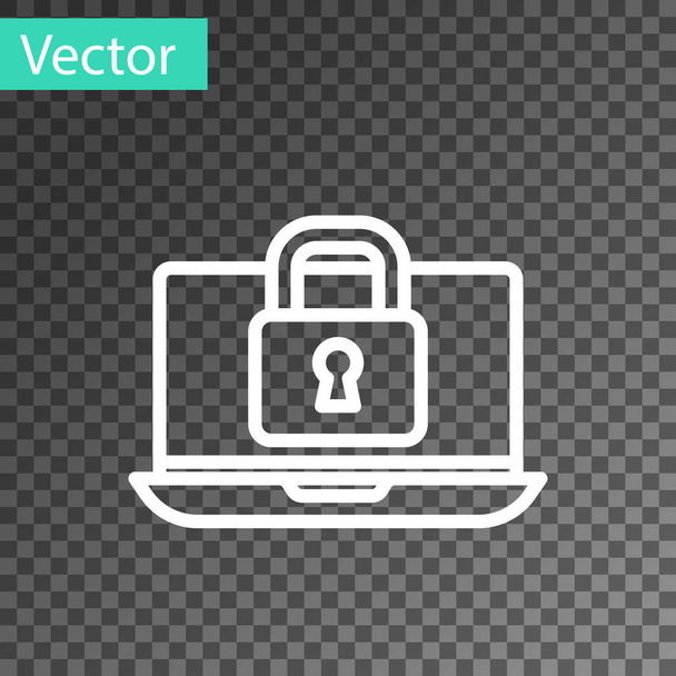 White line Laptop and lock icon isolated on transparent background. Computer and padlock. Security, safety, protection concept. Safe internetwork. Vector - Vector, Image