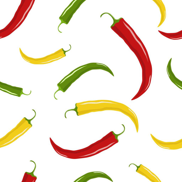 Seamless pattern of chili pepper - red, yellow, green. Template design for restaurant, food, wrapping, farm market products. Can use for wallpapers, web page backgrounds, surface textures. Vector illustration - Вектор, зображення
