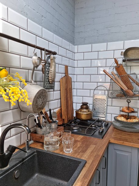 retro style kitchen in a country house. kitchen utensils.  - Fotoğraf, Görsel