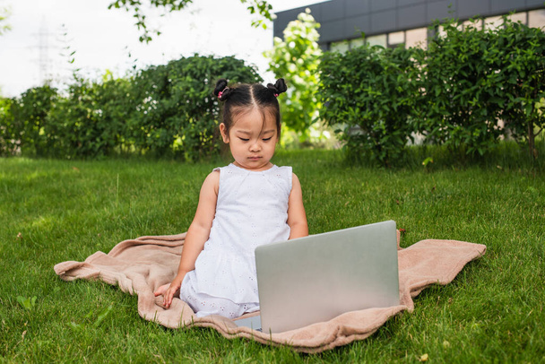 serious asian kid watching movie on laptop while sitting on picnic blanket in park - Fotó, kép