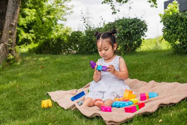 азіатська дівчинка-малюк в сукні грає будівельні блоки на пікніку ковдру в парку
  - Фото, зображення