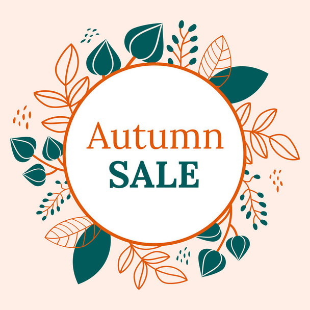 Autumn Sale Square Banner for Social Media. Green and Orange Elements on a Beige Background - Wektor, obraz