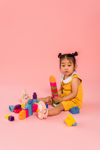 asian toddler child in dress playing building blocks on pink  - Photo, Image