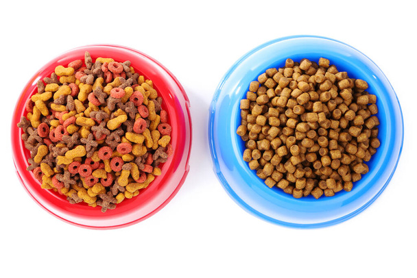 Dry pet food in bowls isolated on white background - Foto, imagen