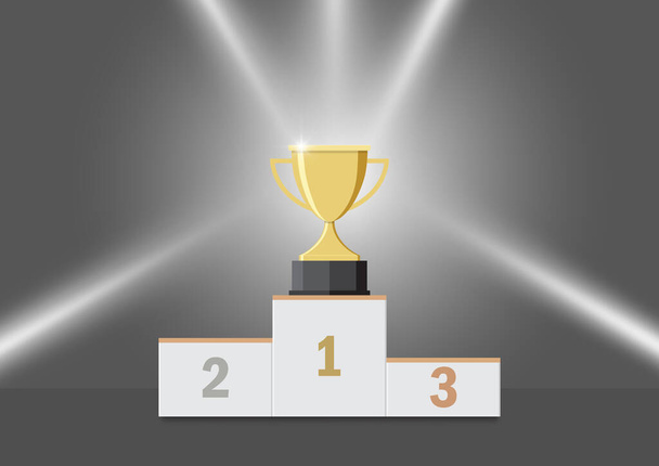 Gold trophy cup on first place podium vector illustration - Vetor, Imagem