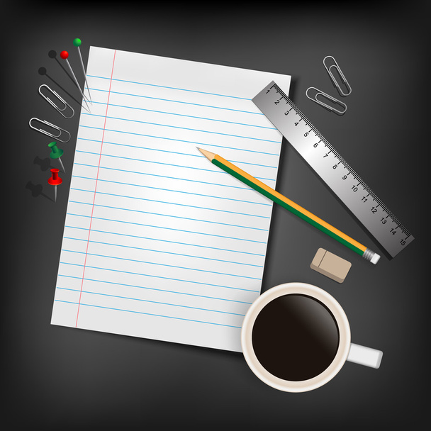 A blank stack of paper, a pencil and a coffee cup over a desk - Vector, Image