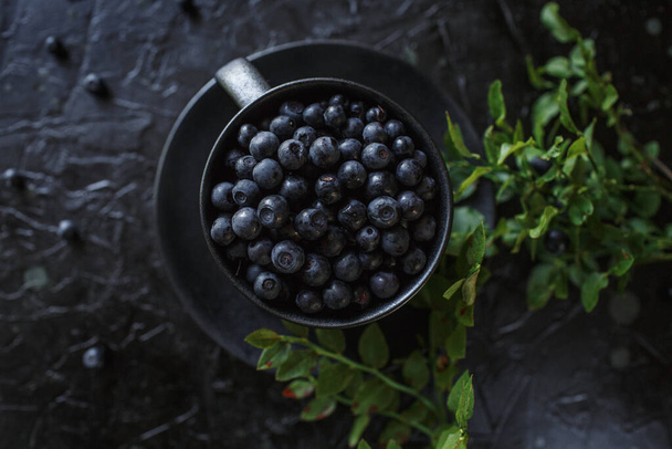 blueberries in a cup, black background - Fotoğraf, Görsel