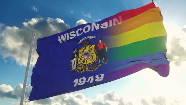 Bandera de Wisconsin y LGBT. Wisconsin y la bandera mixta LGBT ondeando en el viento. renderizado 3d - Foto, imagen