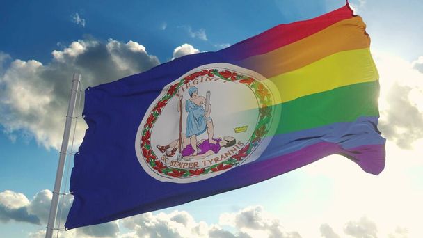 Vlajka Virginie a LGBT. Virginia a LGBT Smíšené vlajky vlnící se ve větru. 3D vykreslování - Fotografie, Obrázek