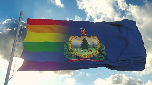 Vlajka Vermontu a LGBT. Vermont a LGBT Smíšené vlajky vlnící se ve větru. 3D vykreslování - Fotografie, Obrázek