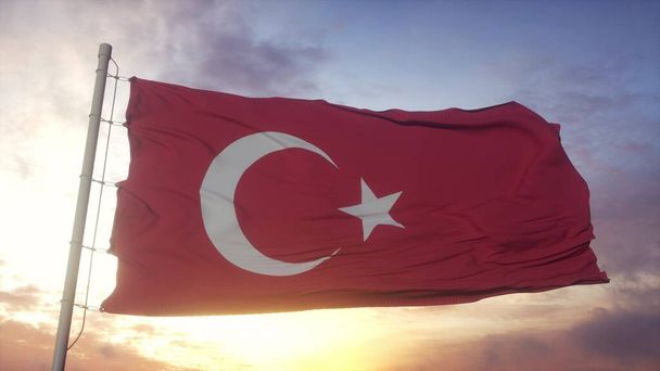 Flaga Turcji machająca na wietrze przeciwko głębokim pięknym chmurom nieba. 3d renderowanie - Zdjęcie, obraz