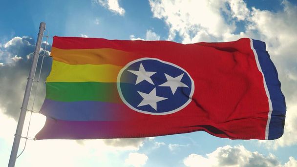 Tennessee ve LGBT bayrağı. Tennessee ve LGBT Karışık Bayrak rüzgarda dalgalanıyor. 3d oluşturma - Fotoğraf, Görsel