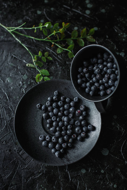 blueberries in a cup, black background - Фото, изображение