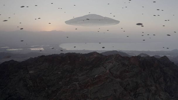 Чужеродные НЛО над большой пустыней и морем, воздушный обзор Сотни НЛО Флот направляясь к материнскому кораблю над пустыней горы и моря, восход солнца, Иордания Израиль пейзаж  - Фото, изображение