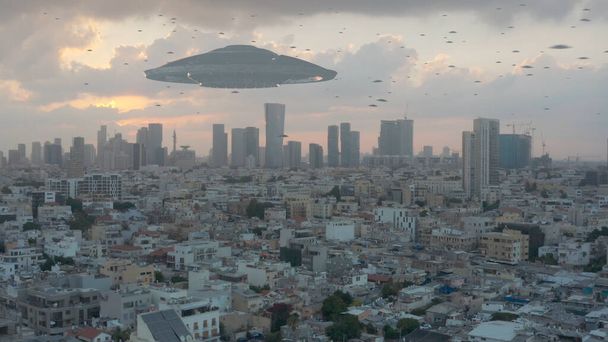 Вторжение пришельцев на большой городской воздушный флот Армады, направляющийся к материнскому кораблю, Тель-Авиву, беспилотнику  - Фото, изображение