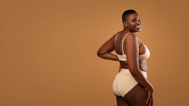 Portrait Of Curvy Smiling African American Woman In Lingerie, Banner - Photo, Image
