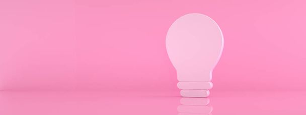 Glühbirnen-Symbol auf rosa Hintergrund, 3D-Renderer, Panorama-Attrappe mit Platz für Text - Foto, Bild