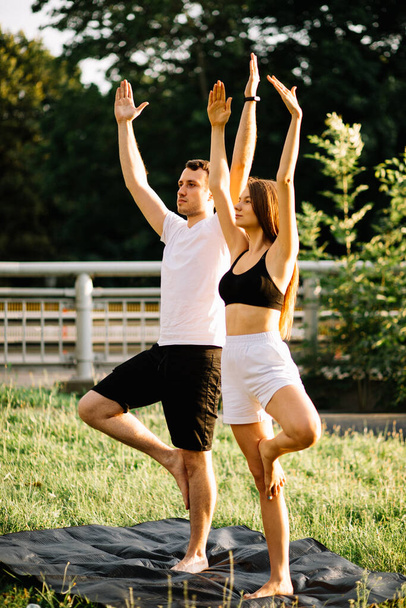 Coppia giovane uomo e donna che fa sport, yoga sul prato, sera d'estate, stretching - Foto, immagini