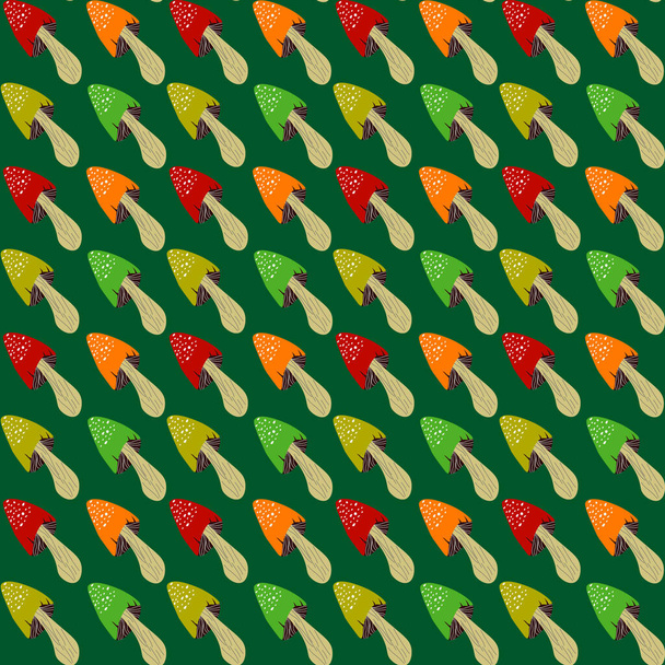 Pattern with multi-colored fly agarics. Vector illustration on a green background.  - Vector, afbeelding