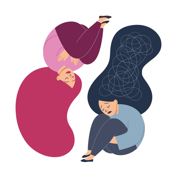Mental health concept. Depressed young woman sitting with other young woman embraces herself. Woman hugging herself. Woman feeling sad and hopeless Suffer from depression. - Vecteur, image
