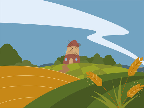 Landelijk landschap met tarweveld en molen op de heuvel. Vectorische illustratie. - Vector, afbeelding