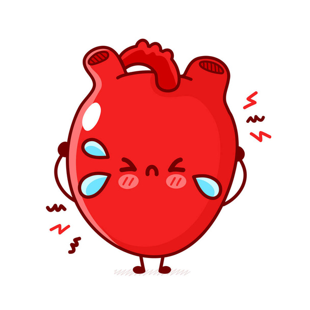 Cute sad cry human heart organ. Vector flat line doodle cartoon kawaii character illustration. Isolated on white background. Human sick heart organ, attack, risk cartoon mascot character concept - Vector, Image