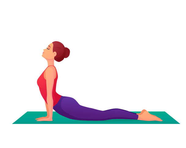 Woman in Cobra Pose Doing Yoga . Vector image in cartoon style. Isolated on white background. Yoga poses. Stretching. Sports activities - Vettoriali, immagini