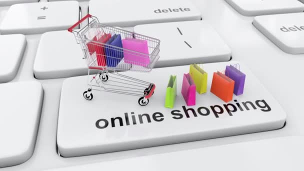 Online vásárlási és bevásárlókosár rendelési koncepció internetes és fogyasztói táskákkal - Felvétel, videó
