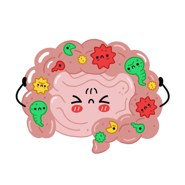 Милый смешной кишечный орган с плохими бактериями, микрофлорой. Векторная рисованная вручную иллюстрация персонажей кавайи. Изолированный на белом фоне. Кишечник, микрофлора, концепция характера пробиотиков - Вектор,изображение