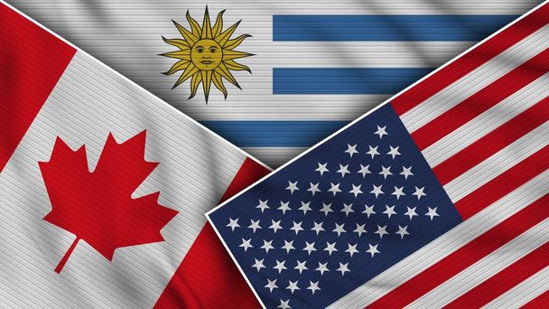 Urugwaj Stany Zjednoczone Ameryki Kanada Flagi Razem Efekt tekstury tkaniny Ilustracja - Zdjęcie, obraz