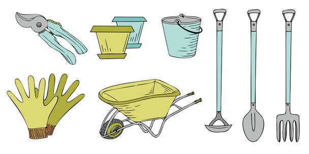 Doodle hand drawn collection of gardening tools in color, gloves, bucket, flower pot, wheelbarrow, pruners. Vector illustration. - Vector, Image