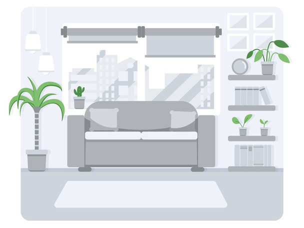 Obývací pokoj moderní interiér - pohovka s oknem a městem na pozadí, zelené domácí rostliny, různé dekorace, bytový design. Vektorová ilustrace v plochém stylu. - Vektor, obrázek