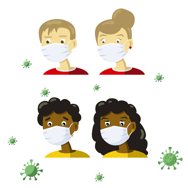 People in white medical face masks to protect themselves from pollution and viruses. Grandparents characters. Flat vector illustration. - Vector, Image