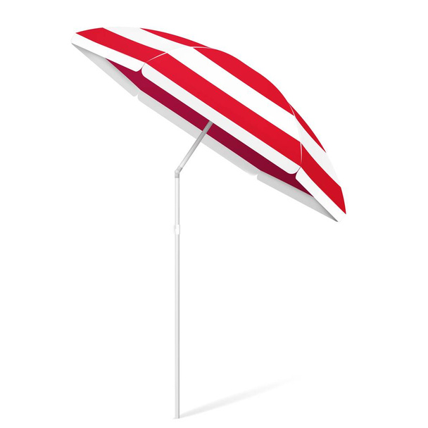 Vector folded beach colorful umbrella with adjustable tilt - white and red stripes. Isolated on white background - Vector, Image