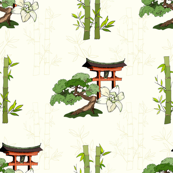 Leicht asiatischer Hintergrund mit Bambus und Bonsai. Vektorillustration. - Vektor, Bild