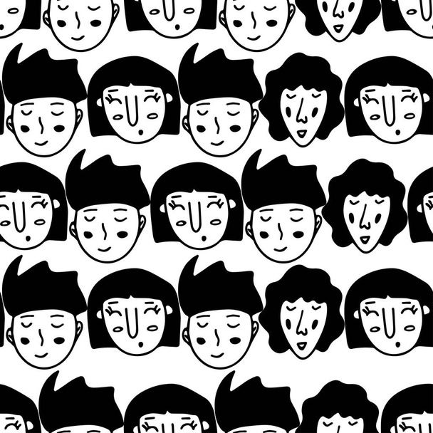 Безшовний візерунок з обличчями хлопців і дівчат. Чорно-білий принт, голови молодих людей з різними емоціями, мінімалістичний фон. Векторні ілюстрації, обкладинка, обгортка або тканина
 - Вектор, зображення