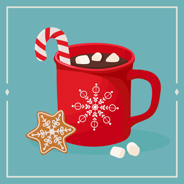 Horká čokoláda s marshmallow a perníčkem. Vektorová ilustrace v ručně kresleném stylu. Zima, vánoční přání šablona - Vektor, obrázek