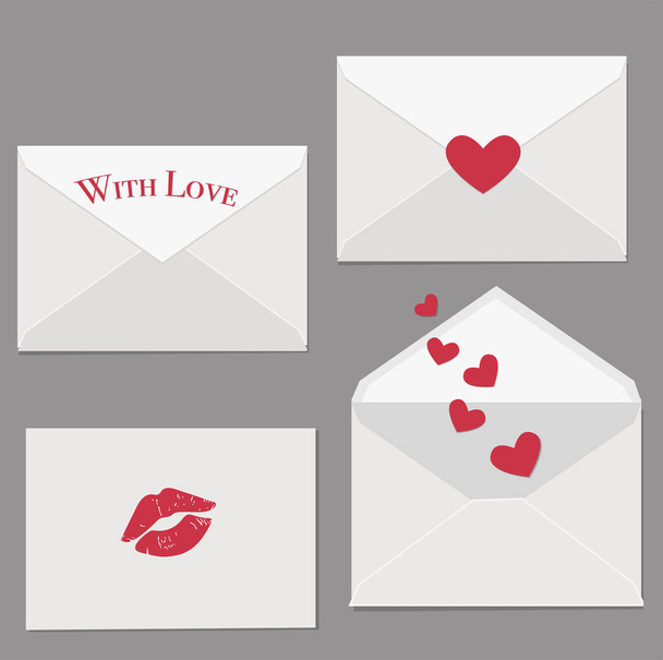 Joukko valkoisia kirjekuoria suudelmilla ja sydämillä - Vektori, kuva