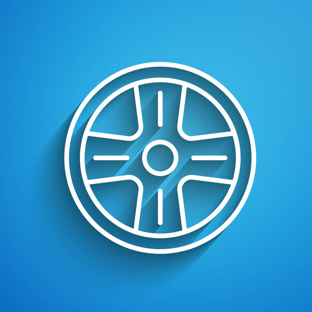 Rueda de aleación de línea blanca para un icono de coche aislado sobre fondo azul. Larga sombra. Vector - Vector, Imagen