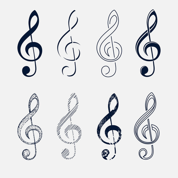 Συλλογή από τριπλό clef, βιολί κλειδί. Σχεδιασμός γραμμής, σιλουέτα, σχέδιο grunge. Εικονογράφηση διανύσματος  - Διάνυσμα, εικόνα