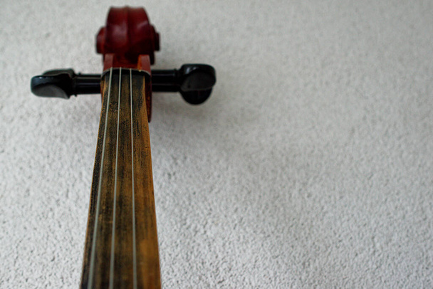 Cordes pour violoncelle, cou et doigt. Vieux violoncelle brun. - Photo, image