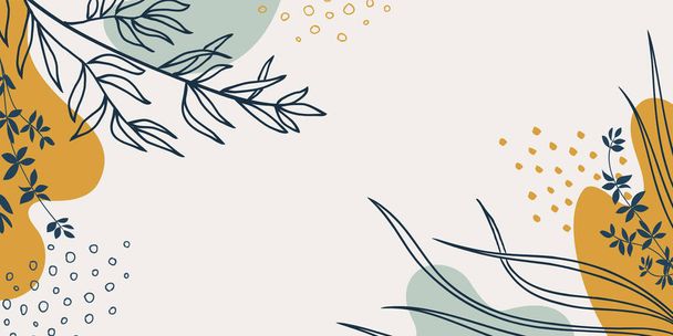 Botanical banner with organic shapes, leaves, plants. Abstract natural elements in trendy doodle style for holiday, business. Simple, minimal design. Modern vector background, greeting card, template, invitation.  - Vektör, Görsel