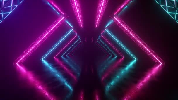 Abstrakter Neon-Hintergrund fliegt durch den Korridor, leuchtende rosa-blaue Linien erscheinen, ultraviolettes Spektrum. Nahtlose 3D-Renderschleife - Filmmaterial, Video