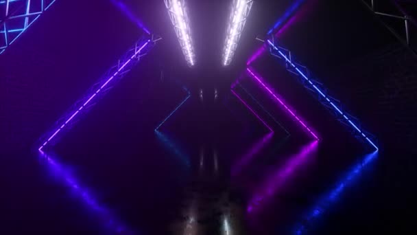 Абстрактний неоновий фон, що пролітає вперед через коридор, з'являються сяючі рожево-блакитні лінії, ультрафіолетовий спектр. Безшовна петля 3d рендеринга
 - Кадри, відео