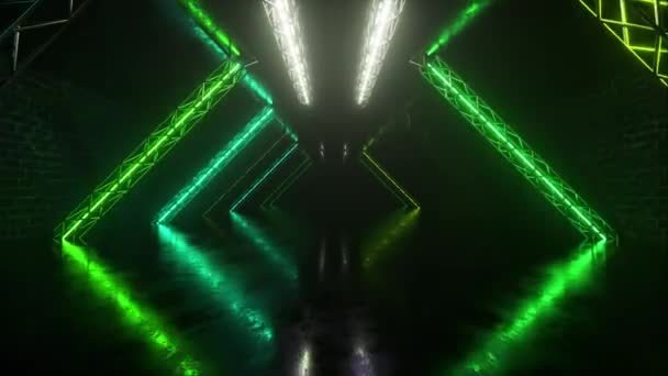 Abstrakter Neon-Hintergrund fliegt durch den Korridor, leuchtend grüne blaue Linien erscheinen. Nahtlose 3D-Renderschleife - Filmmaterial, Video