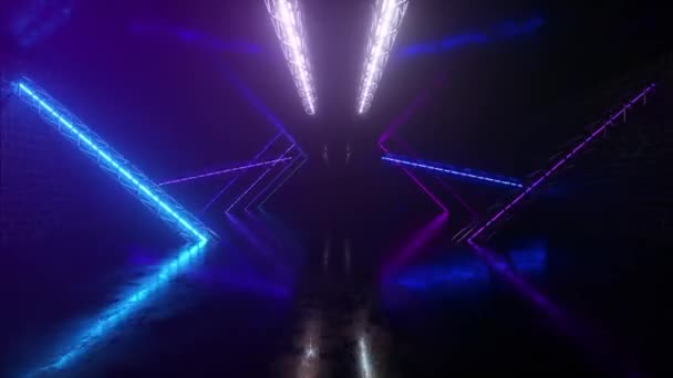 Abstrakter Neon-Hintergrund fliegt durch den Korridor, leuchtende rosa-blaue Linien erscheinen, ultraviolettes Spektrum. Nahtlose 3D-Renderschleife - Filmmaterial, Video