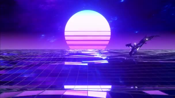 Retro 80s style. Fly endlessly over the digital ocean. Dolphins are jumping over the water. Colorful retro sunset. Seamless loop 3d animation - 映像、動画