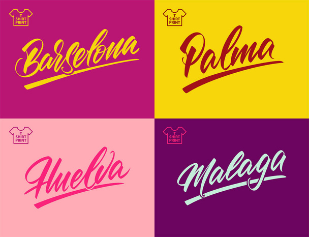 Spanish city names in lettering style. Barcelona, Palma, Malaga, Huelva. For laser cutting and printing. Vector illustration. - Вектор, зображення